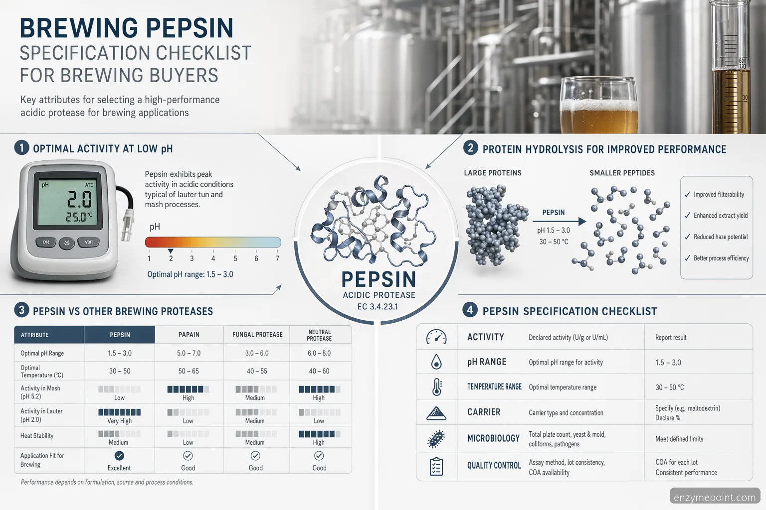 Brewing Pepsin Enzyme: Specification Checklist for Brewing Buyers with pH fit, protease choice, specs, QC.