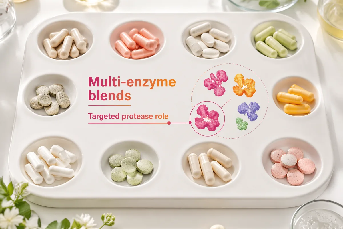 Capsules and tablets sorted in a tray for multi-enzyme blend formulation