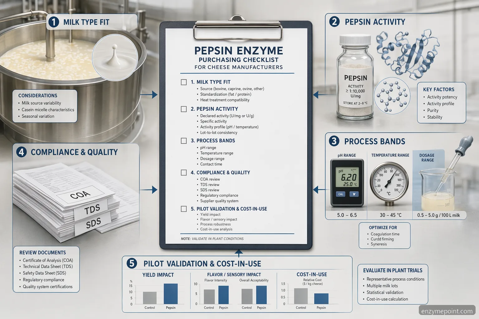 pepsin enzyme for cheese purchase checklist showing milk fit, coagulation, COA documents, and cost-in-use