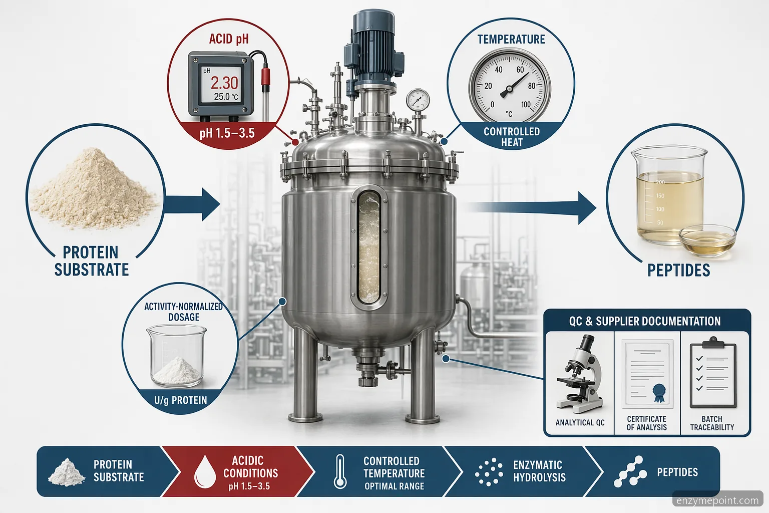 pepsin for protein hydrolysis dosage pH and temperature overview with acid control, dosing, QC, and supplier checks
